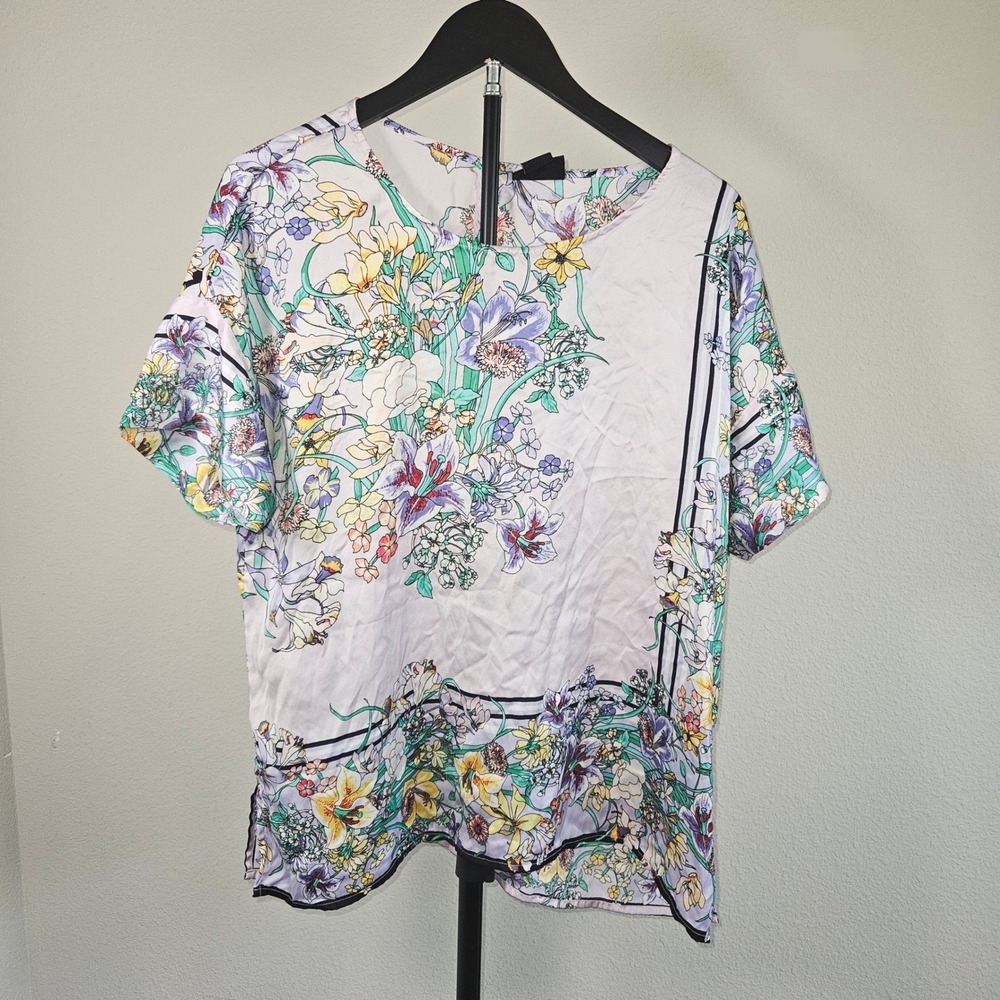 Liz Claiborne Career Blouse Women XL Lavender Floral Silky Top Cottagecore